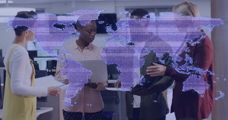 Talking team in office clothes gesturing at silver laptop in open office with purple map overlay