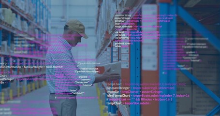 Inspecting warehouse worker in plaid shirt handling box on blue racks, code overlay, copy space