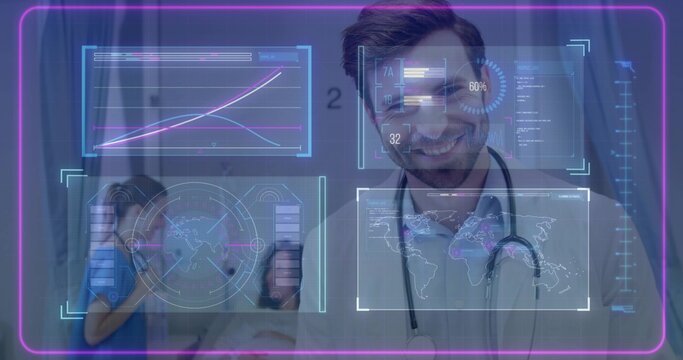 Showing doctor wearing white lab coat and stethoscope presenting clinical data in clinic with UI