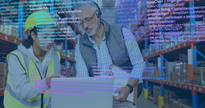 Pointing and consulting two workers checking laptop at warehouse aisle, hard-hat vest headset code