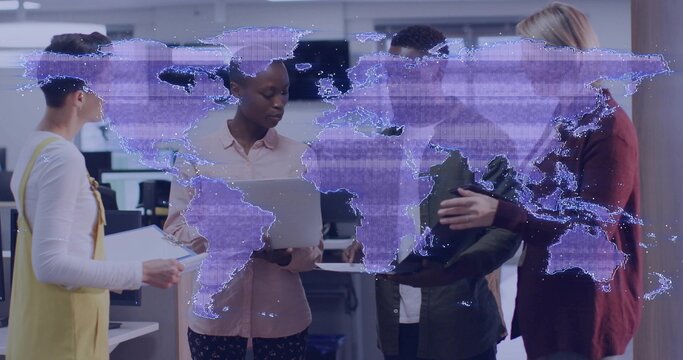 Talking team in office clothes gesturing at silver laptop in open office with purple map overlay