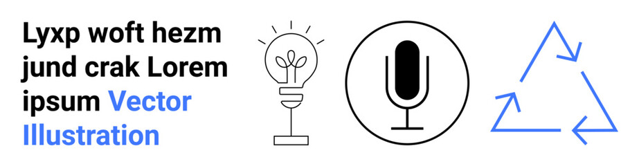 Innovation, communication, sustainability, energy, ecological awareness, technology. Lightbulb, microphone recycling symbol in minimalist style. Innovation and sustainability concepts