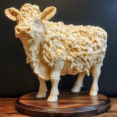 Textured Creamy Image White Cow Sculpture on Wooden Base