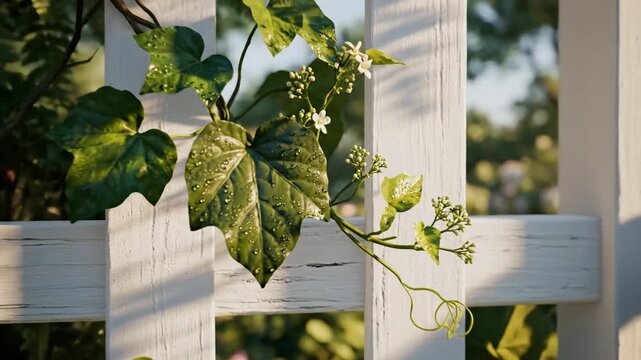 Lush garden trellis with verdant foliage and soft sunlight