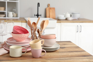 Clean dishes on counter in kitchen
