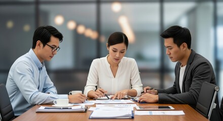 Professionals collaborate intently while reviewing paperwork at a conference table in an office setting