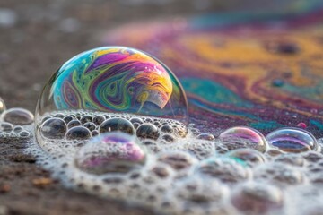A close up view of an iridescent bubble forming with colors