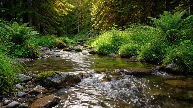 Gentle current carrying fallen leaves and small debris, symbolizing the natural cycle and continuous subtle changes within the flowing water. Tracking shot following the natural movement of objects?