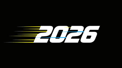 Futuristic design featuring the year 2026 with motion lines against a dark backdrop