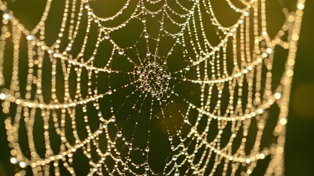 Ultra macro perspective showcasing the delicate tension and structural beauty of the silk threads, adorned with nature's tiny liquid jewels in a pristine environment.