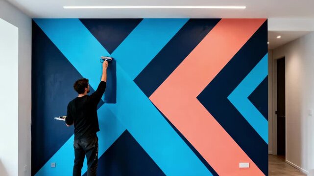Medium shot footage of a designer applying bold geometric patterns on an accent wall highlighting sharp lines and vibrant shapes for a modern interior.
