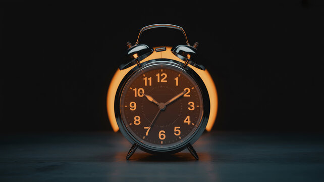 Vintage alarm clock with glowing orange light and dark background retro clock face