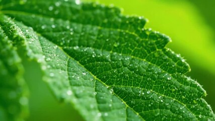 Microscopic world of dew kissed leaf with macro view of plant leaf effect Plant Leaf Surface Macro style featuring plant, leaf, macro, pattern, cinematic 4k animated overlay, seamless loop stock