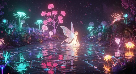 Enchanting fairy in mystical forest setting with glowing plants and vibrant colors