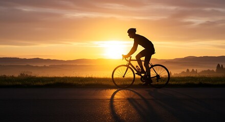 Obraz premium Cyclist silhouette against vibrant sunset sky on a road at dusk