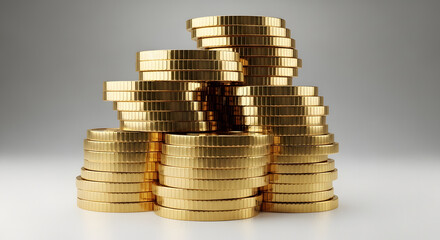 Dazzling stacks of meticulously arranged golden coins, symbolizing significant financial accumulation, prosperity, and the essence of wealth and successful investment