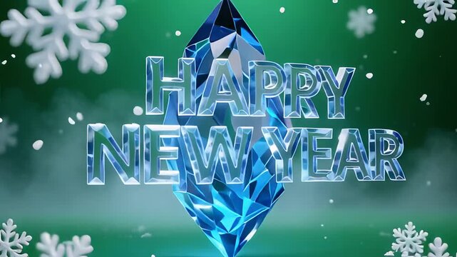 Happy New Year greeting with a blue crystal festive holiday celebration and a winter background