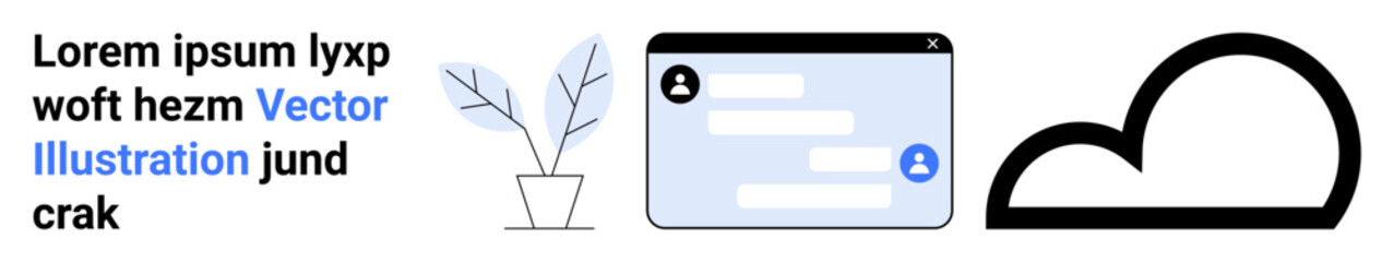 Fototapeta premium Cloud storage, digital communication, virtual workspace, modern technology, user interface, online platforms. Messaging window, cloud icon and plant. Cloud storage and digital communication concepts