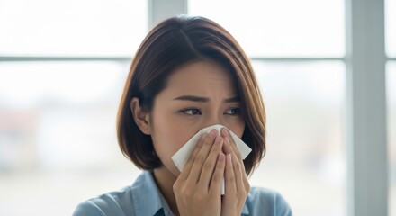 Young adult experiences discomfort while using a facial tissue to cover their nose