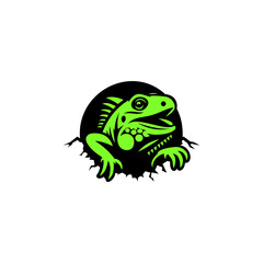 Vibrant green iguana logo illustration emerging through a cracked surface, featuring bold lines, dynamic reptile details, and eye-catching contrast