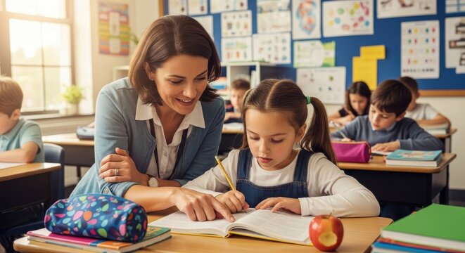 Female instructor assists young female student with written lesson at wooden desk in bright classroom setting