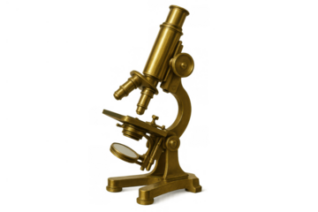 Vintage brass microscope symbolizing historical scientific discovery, education, and detailed observation on a transparent background