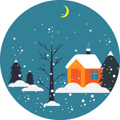 Naklejka premium A cozy winter landscape illustration with a small snowy house, pine trees, falling snow, and a crescent moon. Flat vector design perfect for holiday cards,winter backgrounds,winter posters, stickers. 