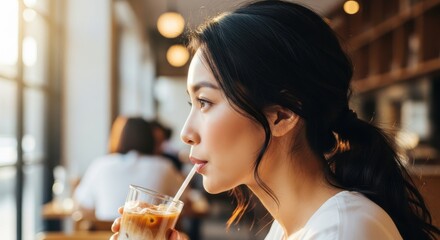 Young woman enjoying a refreshing iced beverage while sitting indoors near a sunlit window