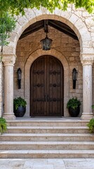 Fototapeta premium Exterior view of a stone archway entrance with a wooden door, steps, and decorative elements, lit by natural daylight.