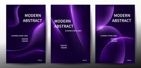 Modern Abstract Purple Wave Gradient With Neon Light On Dark Backgrounds Set.