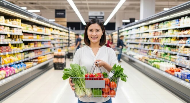 Cheerful female customer holding a shopping basket filled with fresh produce in a brightly lit supermarket aisle