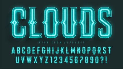 Retro circus alphabet design, cabaret, fairy neon lamps letters and numbers.