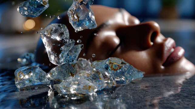 An artistic composition showcasing a serene floating head partially submerged in water with ice crystals around, symbolizing beauty, calmness, and emotional depth. - Powered by Adobe