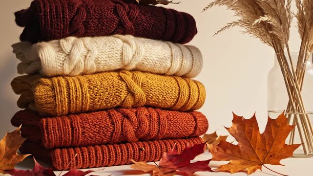 Stack of cozy knit sweaters in autumn colors with fall leaves and pampas grass