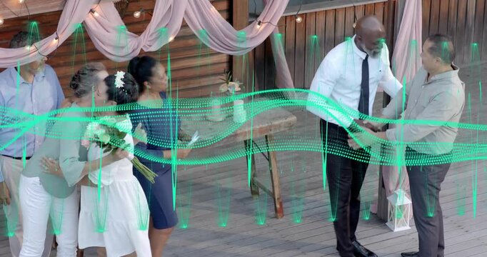 Wedding guest handing bouquet sparking animated petals and glow bride receiving, guests celebrating