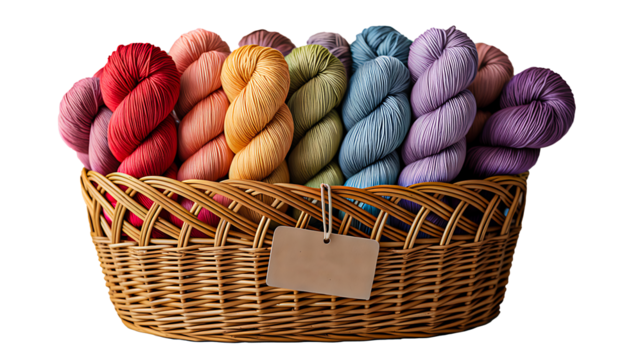 Colorful yarn skeins arranged in a wicker basket isolated on white
