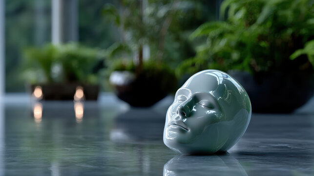A serene white ceramic head placed on a marble surface signifies purity and elegance, inviting contemplation of identity and human expression in a tranquil environment.
