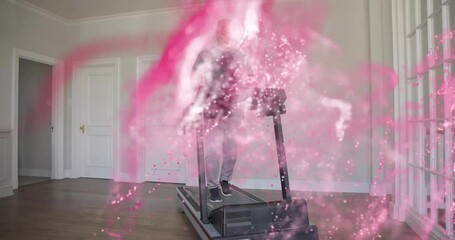 Man jogging on treadmill for fitness, pink overlay clearing, senior woman approaching supporting
