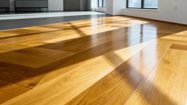 Medium shot capturing diagonal floor planks being laid out in a contemporary room showcasing the dynamic angular design and smooth texture of the wood.