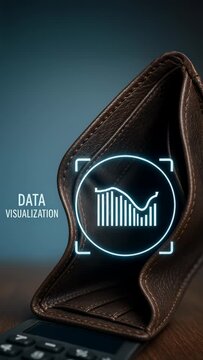 Financial data visualization of cryptocurrency market investment. Managing volatility and risk for profit with digital growth chart concept from leather wallet