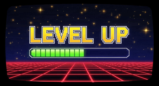 Retro video game screen showing a 'Level Up' achievement message with a loading bar on a synthwave grid background