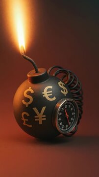 Tense financial currency bomb with lit fuse symbolizes risky global market. High cryptocurrency volatility creates danger of an imminent and explosive economic crisis