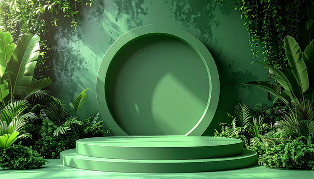 3d rendered green and silver color product presentation podium with a green background
