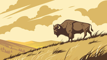 Illustration of a bison walking on a grassy hill with a cloudy sky in the background scenery design