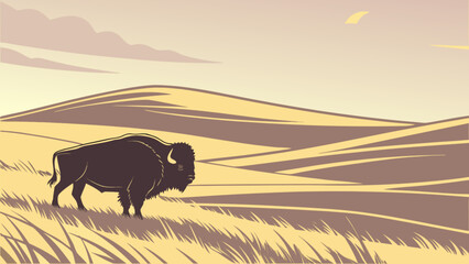A solitary bison grazes on a golden grassy plain beneath a pastel sky with soft rolling hills far away