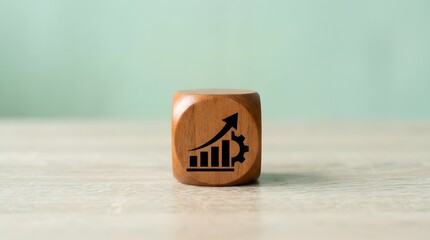 Growth and progress concept icon illustration with gear and rising graph on wooden dice