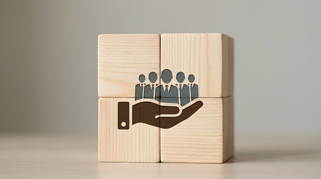 A conceptual image of business strategy focusing on team support, human resources, and customer retention, represented by icons on wooden cubes