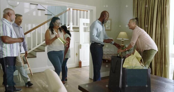 Guests arriving, exchanging gift bags and cups at table, animated labels guiding setup for hosting