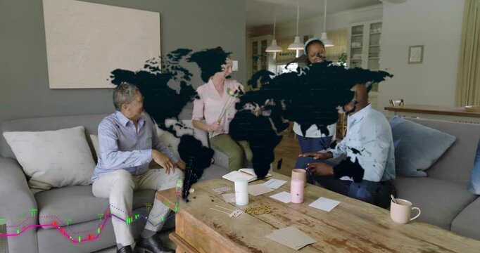 Four colleagues analyzing finance data at table, world map fading in, charts sweeping over them - Powered by Adobe