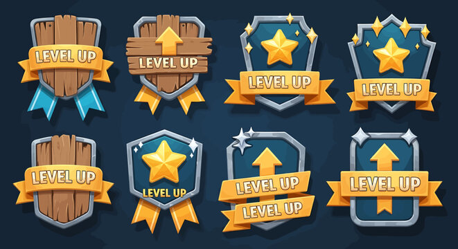 Level Up Badge Icons Set, Game Achievement Symbols, Digital Graphic Design, Vector Illustration, UI Elements, Front View, Gamification Concept